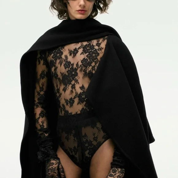 ZARA Floral Eyelash Black Lace Open Back Mock Neck Bodysuit - Picture 10 of 15